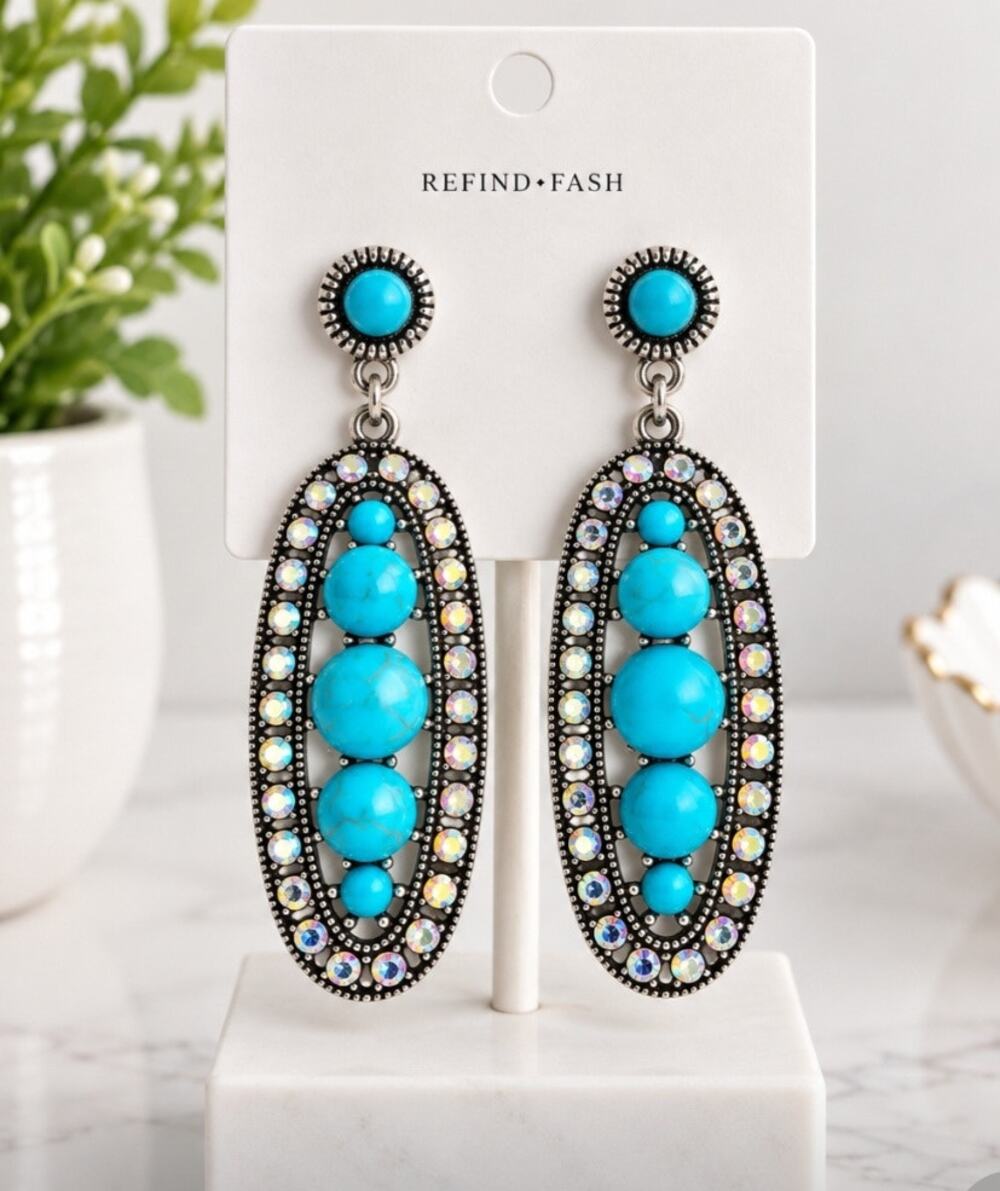 Blue Silver Oval Earrings With AB Stones New